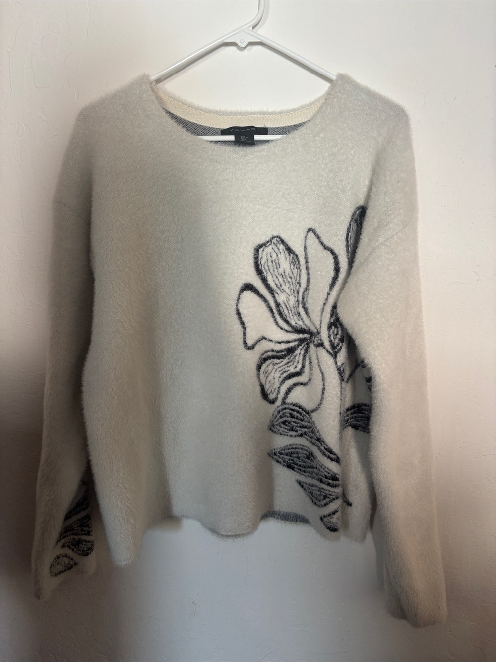 Tahari Cream Sweater with Black Floral Detail